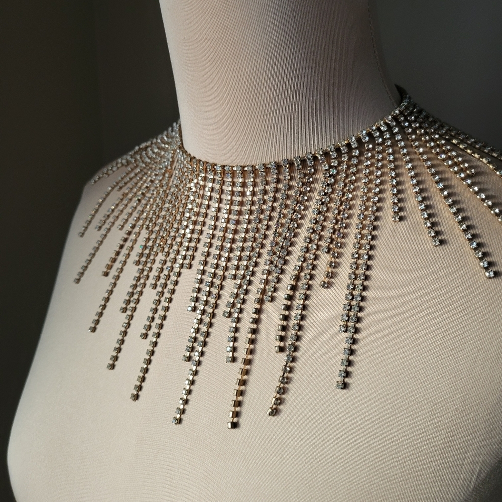 Sparkly Gold & Crystal Tassel Fringe Statement Choker Necklace - Picture 2 of 10